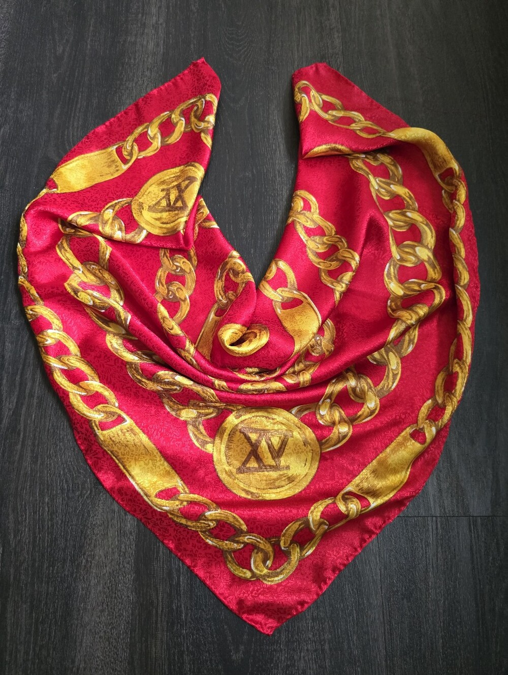 Chain Print Silky Scarf Red Gold Baroque Medallion Large Square 30" Wrap